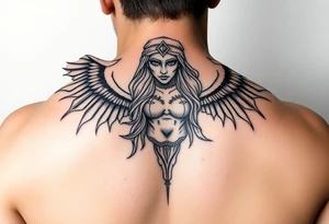 El cuerpo completo e la diosa griega Temis le suben rodeando dos escorpiones tattoo idea