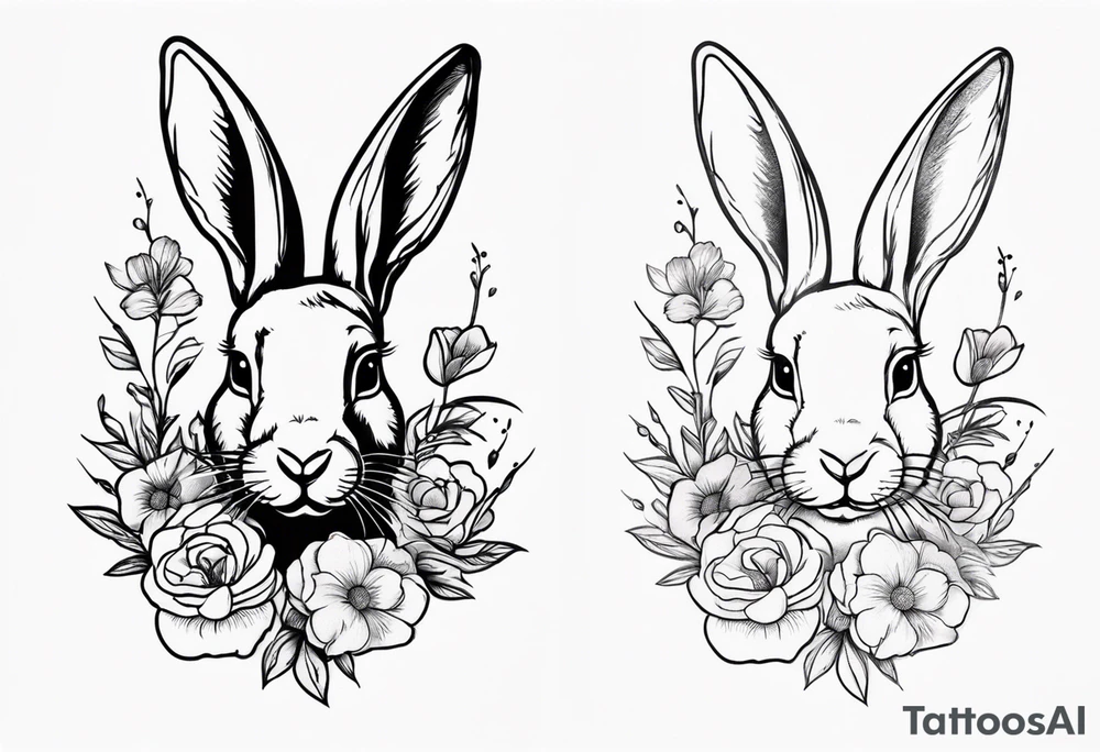 Realistic rabbit head and flowers tattoo idea