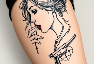 Profile of woman with messy face, hand on chin, pearls hanging from mouth , compass and gun near by tattoo idea