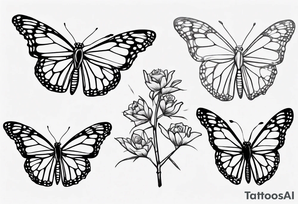 realistic monarch butterfly simple black outline landed on a twig tattoo idea