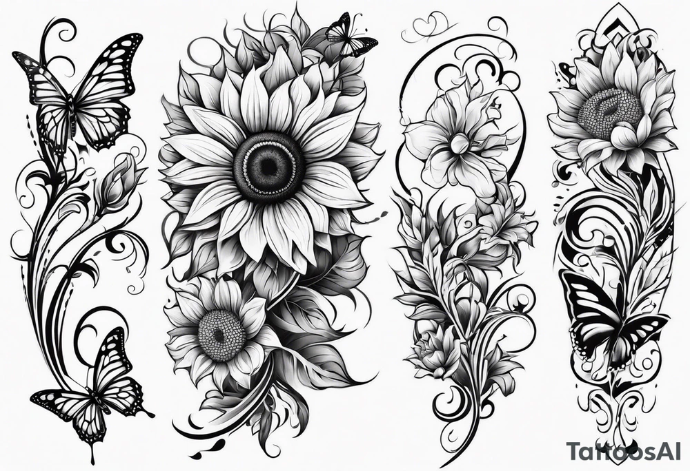 Sunflower and butterfly leg sleeve tattoo idea