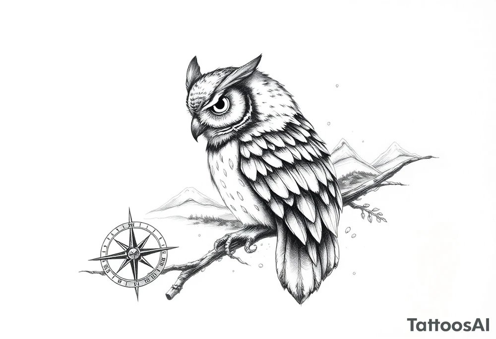 an owl,a compass,landscape. tattoo idea