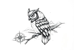 an owl,a compass,landscape. tattoo idea