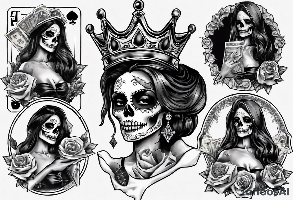 santa la muerta with money and crown tattoo idea