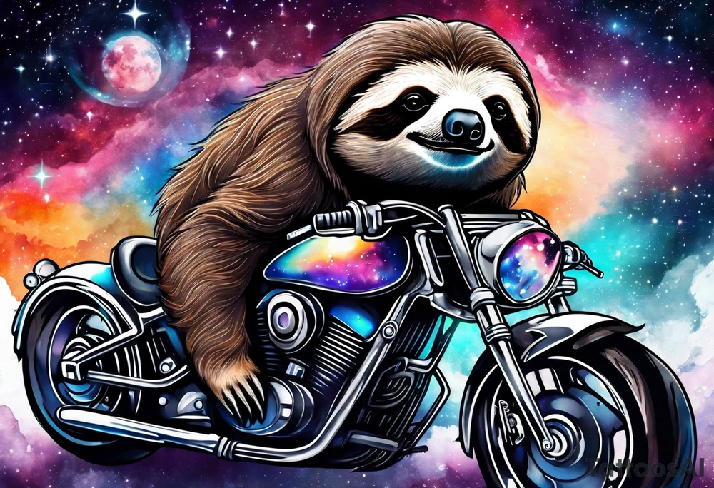 sloth on motorcycle in space galaxy tattoo idea