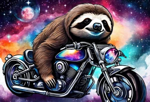 sloth on motorcycle in space galaxy tattoo idea