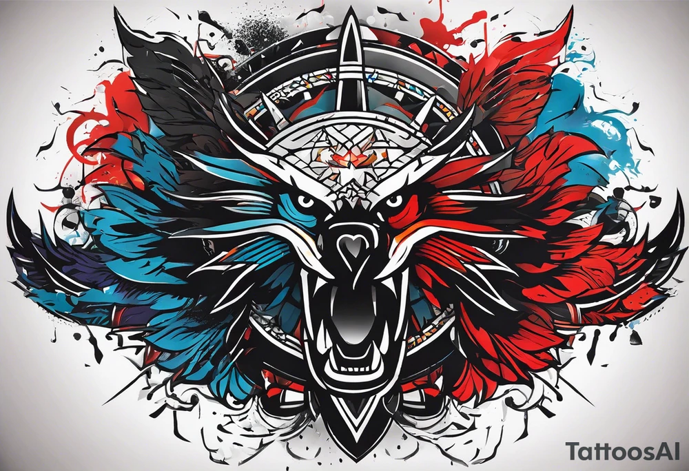 Wide tattoo that appears to be bursting out of the skin, symbolizing freedom. The tattoo should be vibrant and dynamic, with bold lines and colors that evoke a sense of liberation and empowerment. Need to incorporate elements such as broken chains and other symbols of freedom. The tattoo should be visually striking and thought-provoking. tattoo idea