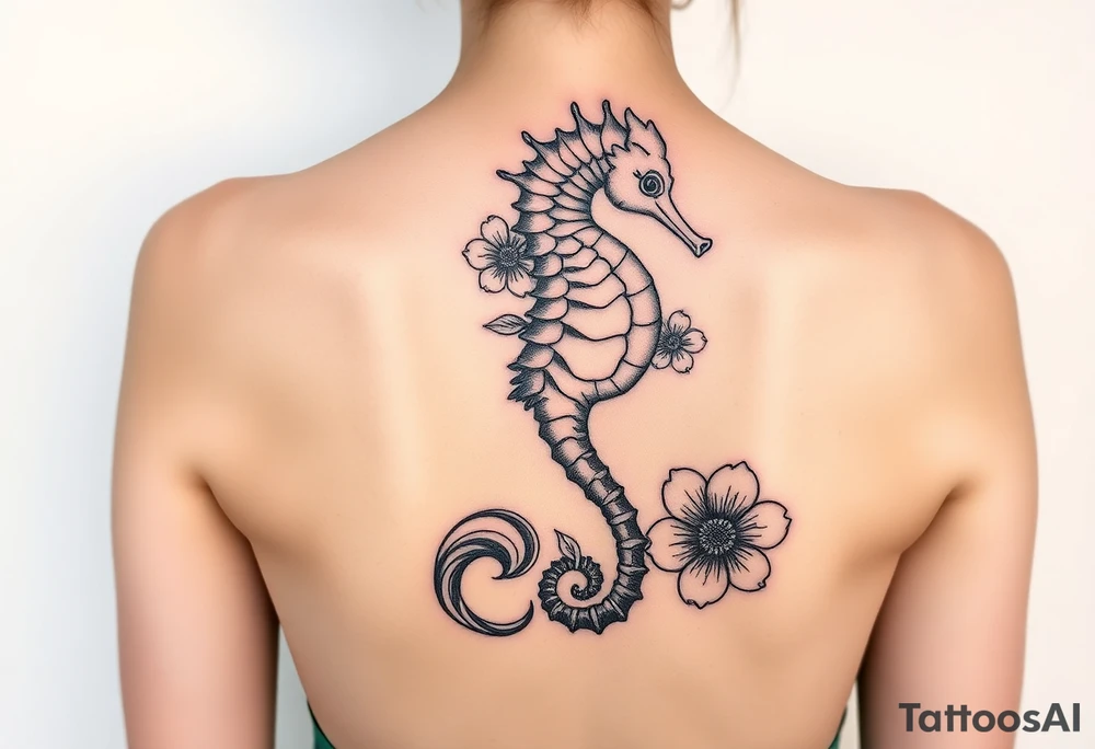 Sea horse flowers and waves tattoo idea