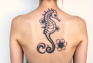 Sea horse flowers and waves tattoo idea