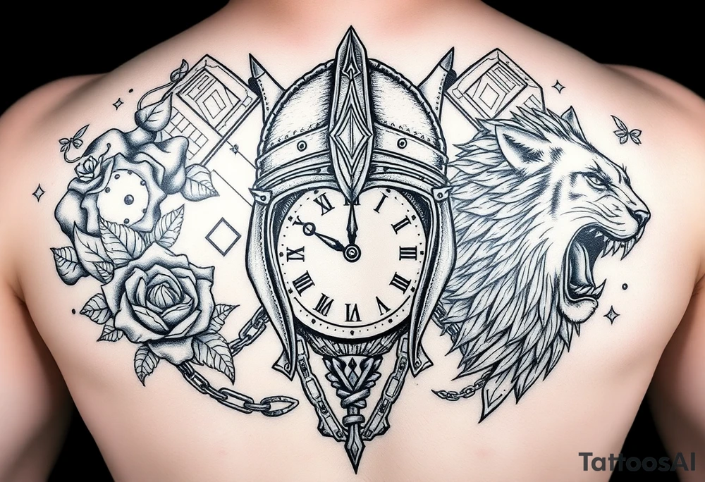 A detailed tattoo featuring a stylized warrior helmet with intricate textures and patterns. Behind it lies a shattered clock face with exposed gears and intertwined chains, symbolizing struggle with time and anxiety. Surrounding the helmet and clock are swirling smoke and wind patterns filled with fine details like leaves, feathers, and tribal motifs, representing resilience and growth. On one side, a blooming thorned rose or lotus flower symbolizes delicate strength and love. On the other side, a fierce roaring lion or wolf head embodies courage and protection. The background includes geometric shapes and dotwork to add depth and unify the design. The style combines bold linework with fine detail, dotwork, and shading for a powerful modern tattoo. tattoo idea