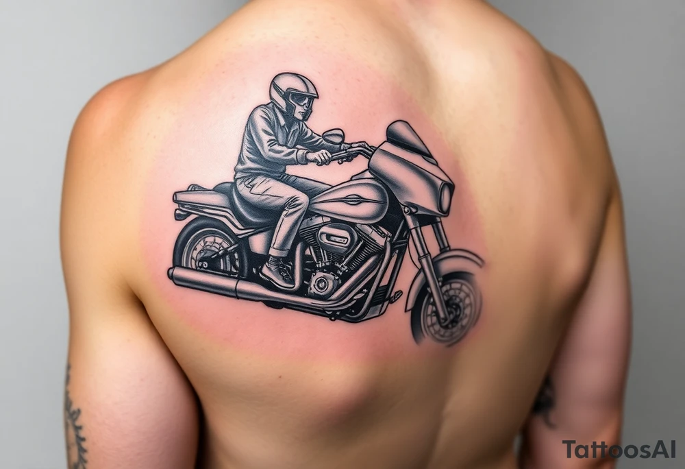 a two person on a Harley Road Glide 2018 on a forearm and a harley's engine on the top of the hand make it as realistic and use the arm to place the tatoo tattoo idea