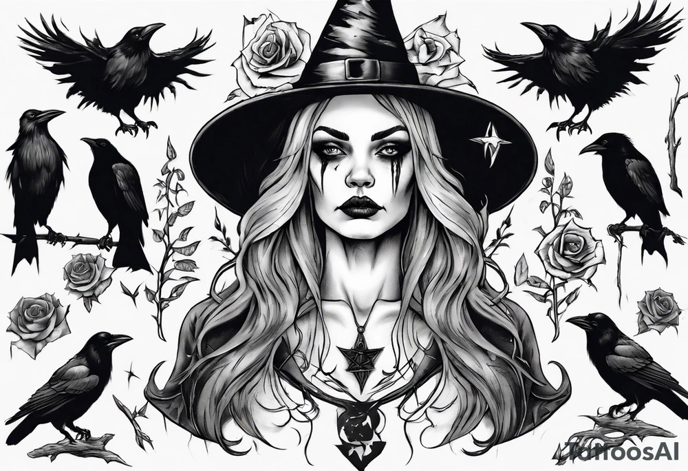 witch with crows, no roses or flowers tattoo idea