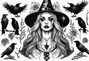 witch with crows, no roses or flowers tattoo idea