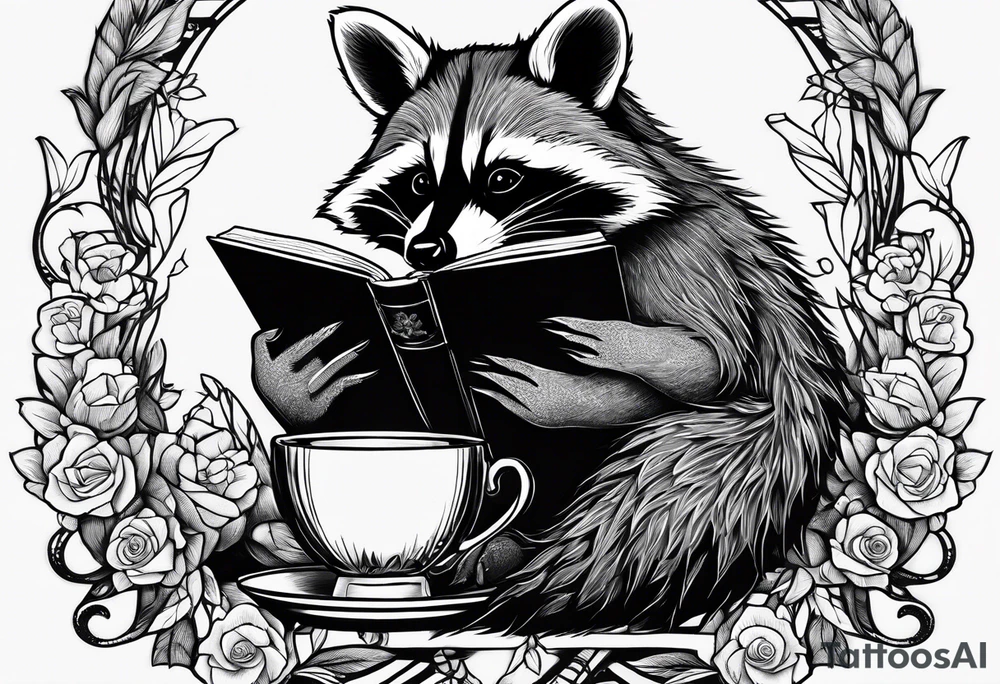 A raccoon drinking tea and reading a book tattoo idea