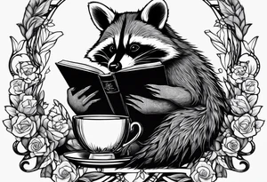 A raccoon drinking tea and reading a book tattoo idea