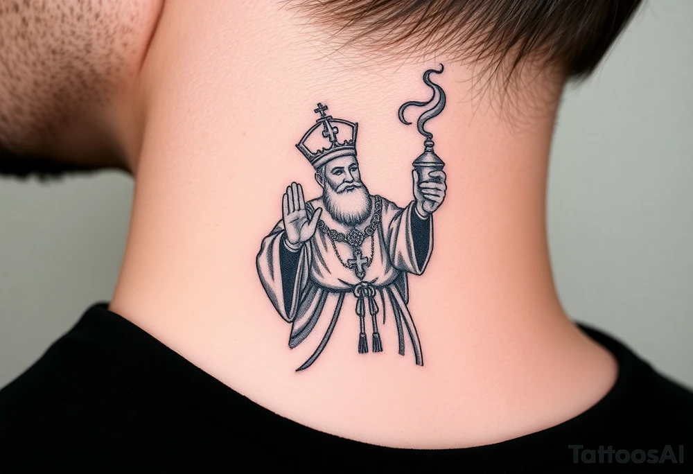 Russian Orthodox Priest in a fully detailed gold vestment swinging a censer with smoke curling upward tattoo idea