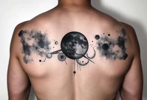 The milky way with negative spaces used to create planets and dark matter tattoo idea
