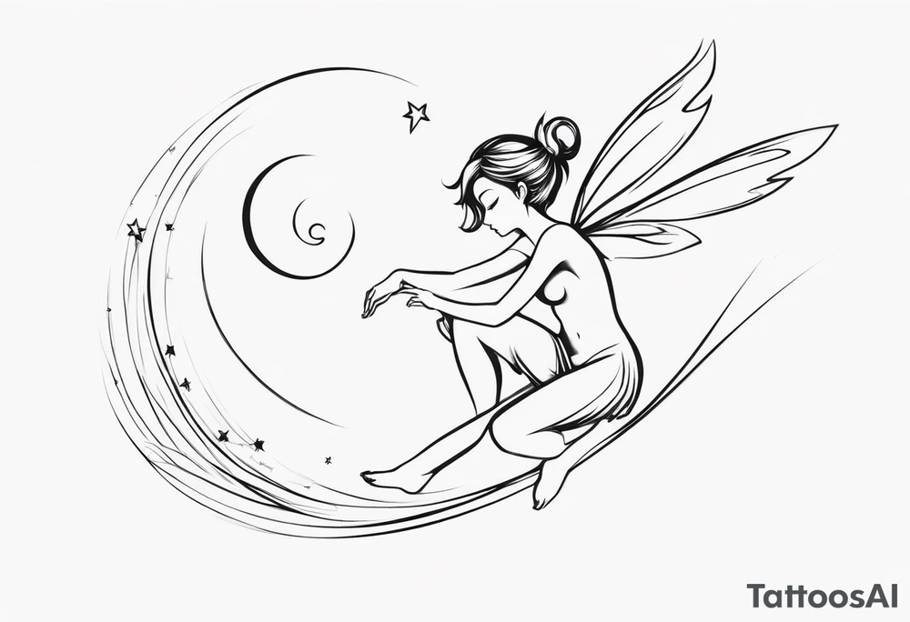 Minimalistic, monochromatic fairy with a tail flying to the left in a fetal position, leaning and looking in the same direction, with visible hands, embodying the 'Fairy Tail' logo aesthetic. tattoo idea