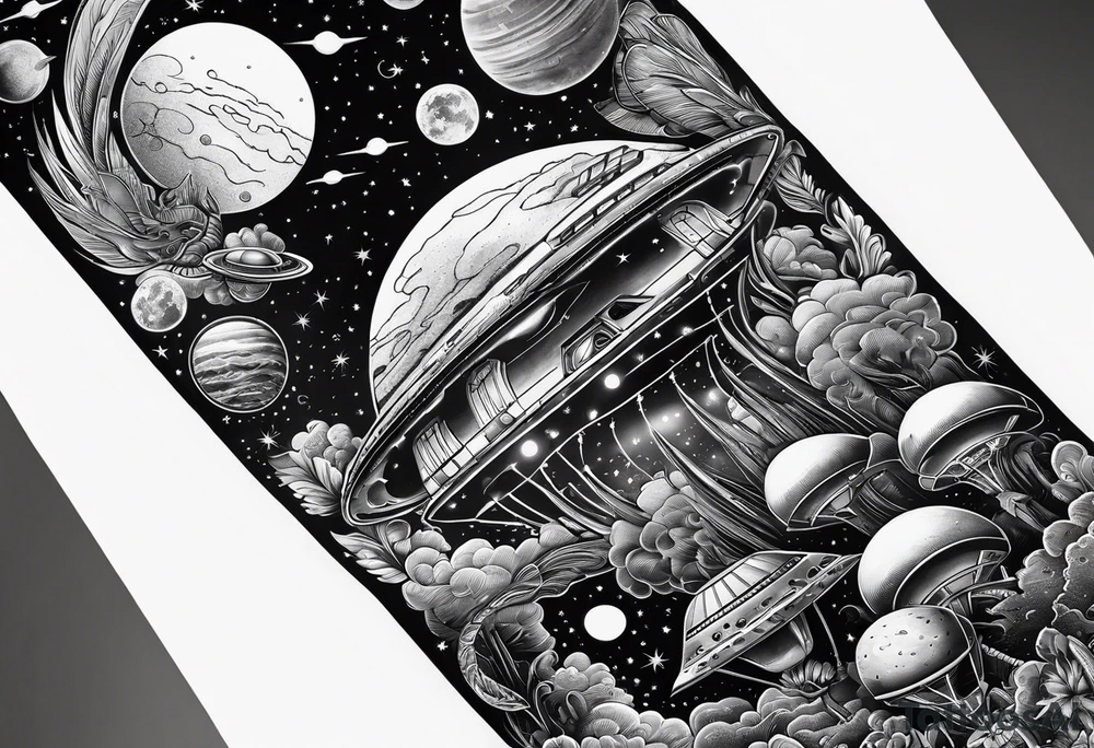 space themed arm sleeve with aliens ufos airplanes and rockets tattoo idea