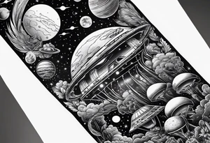 space themed arm sleeve with aliens ufos airplanes and rockets tattoo idea