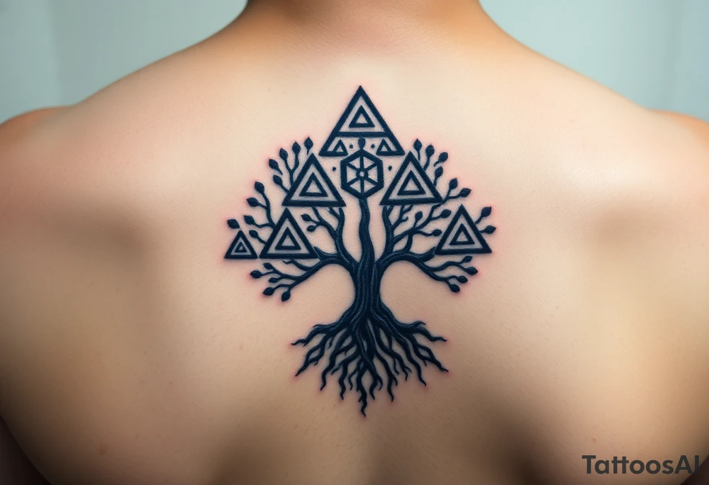 A geometric family tree with deep root interconnected triangles and hexagons, reflecting the strong foundation of ancestry tattoo idea