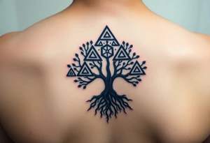 A geometric family tree with deep root interconnected triangles and hexagons, reflecting the strong foundation of ancestry tattoo idea