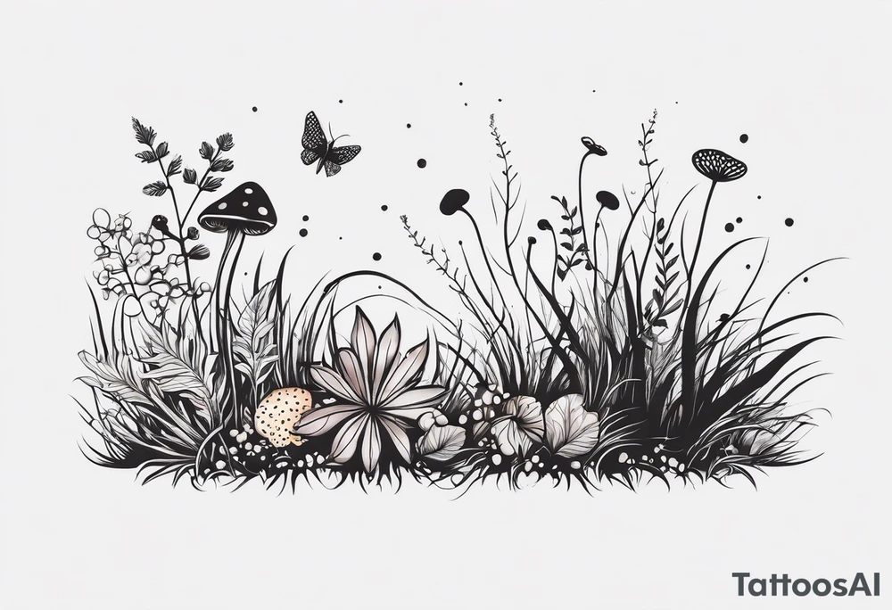 minimalistic forest floor inspired tattoo, which includes grass, curly ferns and dead leaves as the bulk of the tattoo. details to include: three  tiny strawberries, couple of very small mushrooms, a tiny bumblebee flying nearby tattoo idea