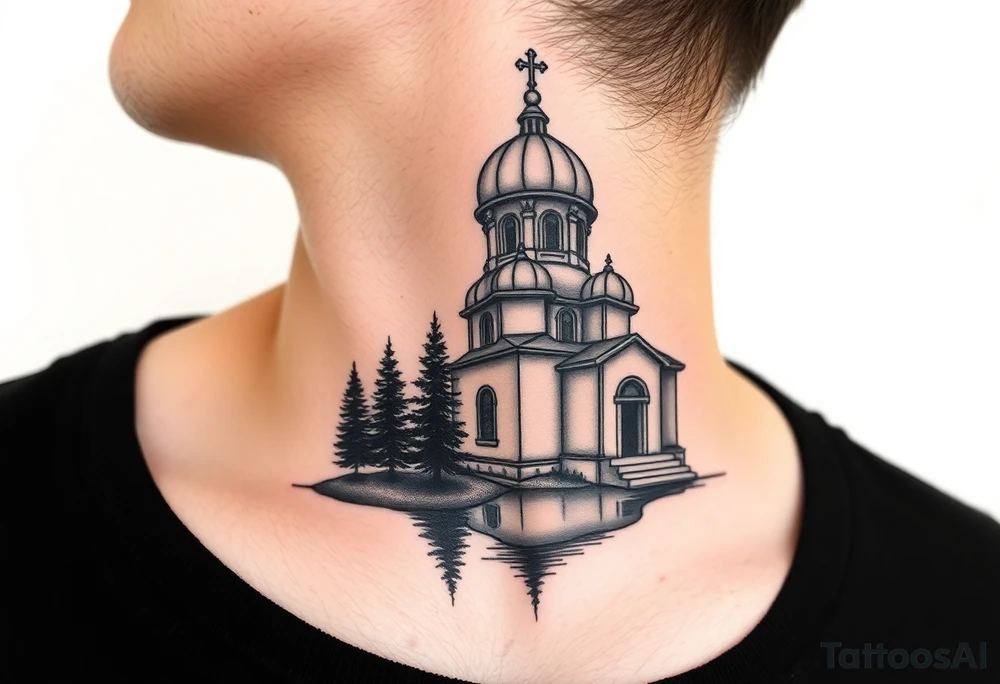 medium sized russian orthodox dome church with a separated virgin mary praying beside a lake and pine trees on the sized of my neck tattoo idea