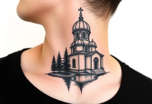 medium sized russian orthodox dome church with a separated virgin mary praying beside a lake and pine trees on the sized of my neck tattoo idea