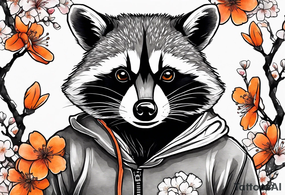 raccoon wearing a black and white Superman hoodie and orange Japanese cherry blossoms tattoo idea
