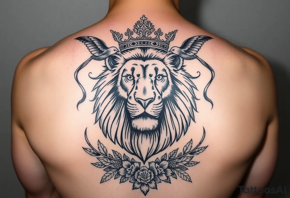 powerful majestic lion with a crown, surrounded by floral ornaments and birds tattoo idea