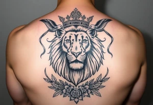 powerful majestic lion with a crown, surrounded by floral ornaments and birds tattoo idea