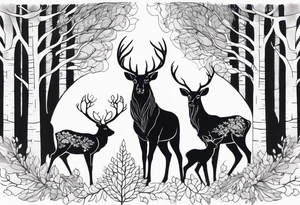 a large majestic male with large antlers, a graceful female and a small fawn. In the background, majestic trees, such as spruce and birch, tattoo idea