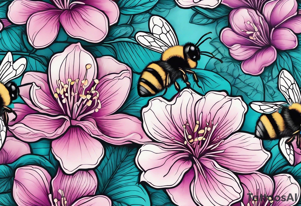 A beautiful detailed pink, purple, and teal Hawaiian jasmine flower with 2 tiny adorable baby bumblebees landing on the petals tattoo idea