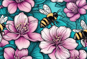 A beautiful detailed pink, purple, and teal Hawaiian jasmine flower with 2 tiny adorable baby bumblebees landing on the petals tattoo idea