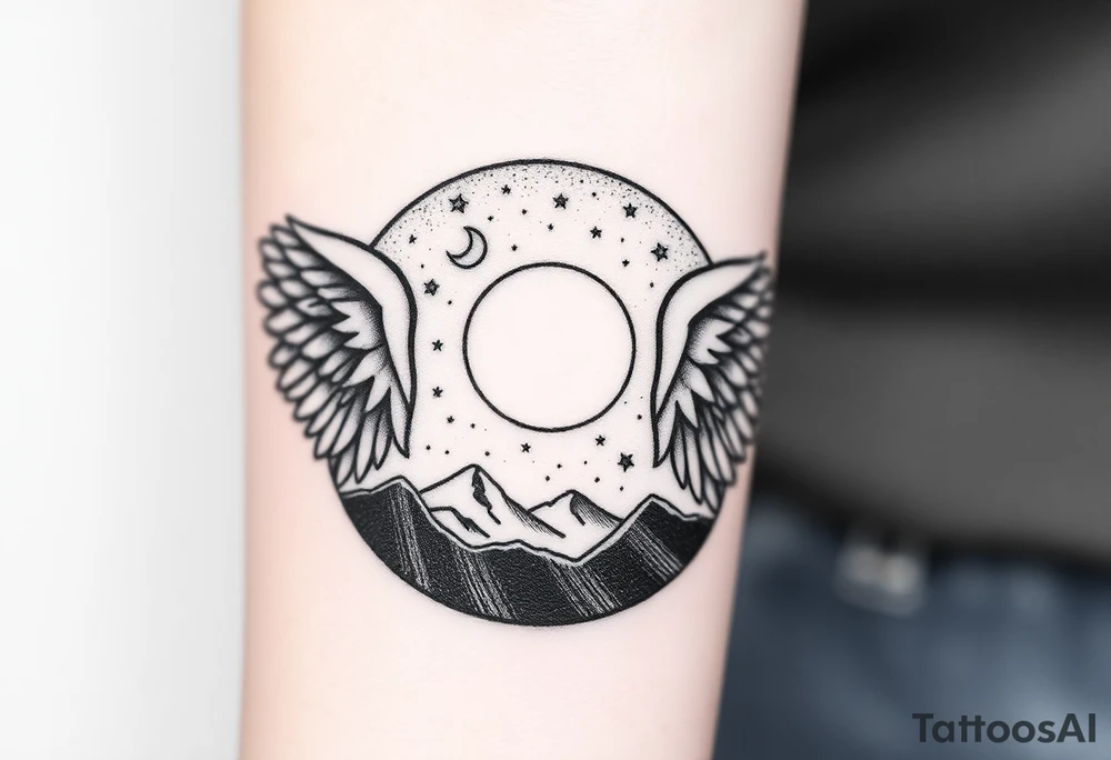 Night sky with constellation, stars & moon seen from a frame of natural landscape angel wings spiritual tattoo idea