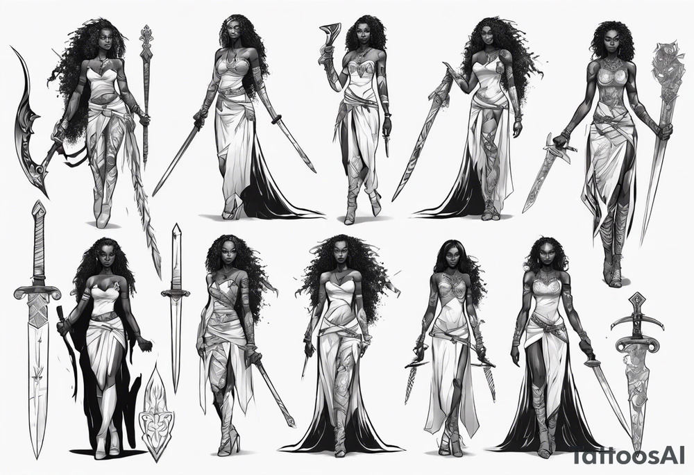 African female full body valkyre slim face presenting sword tattoo idea