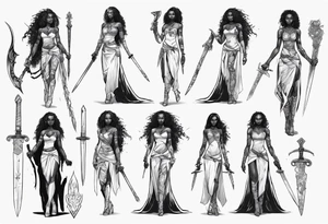 African female full body valkyre slim face presenting sword tattoo idea