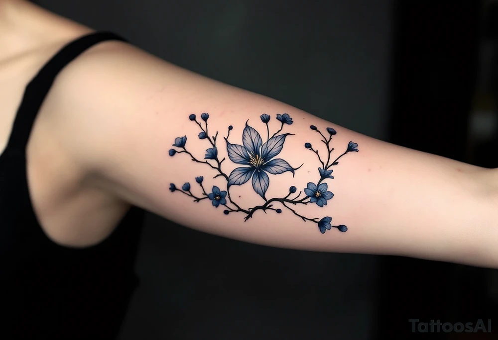 the flower blue spider lily from demon slayer and add cherry blossoms wrapped around upper arm tattoo idea