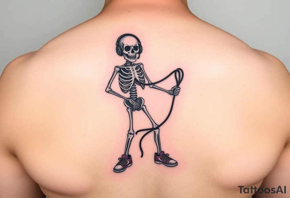 Funny small skeleton exercises on a jump rope with a headphones colorful tennis shoes tattoo idea