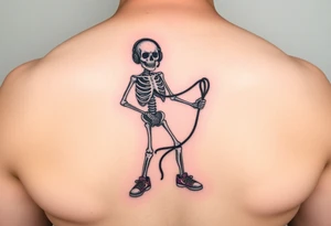 Funny small skeleton exercises on a jump rope with a headphones colorful tennis shoes tattoo idea