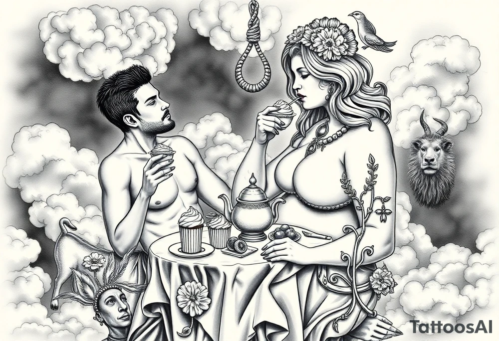 Mystical Naked Man and woman having sex eating cupcakes and  fruit  having sex clouds gothic sexy naked fat lady having a tea party with tea pot and castle 
with a pigs, peacock, noose, lion, goat, smoking cigerettes looking in the mirror thru storm clouds with razor blades and broken hearts and darkness and wrath, envy , gluttony, greed, sloth, pride kill tattoo idea