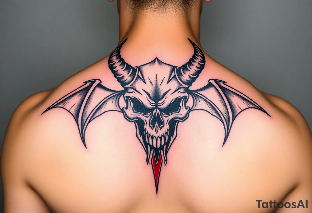 Demon skull black and red on left chest male tattoo idea