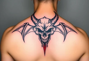 Demon skull black and red on left chest male tattoo idea