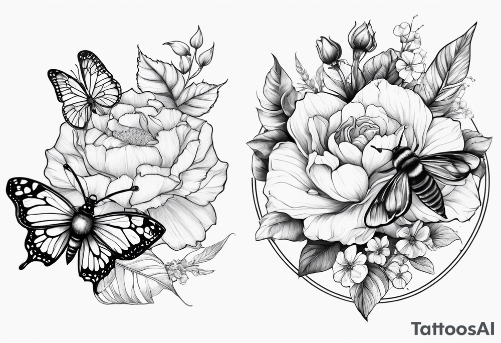 May, September, and November birth flower 2 time pieces with a bee and butterfly sleeve tattoo idea