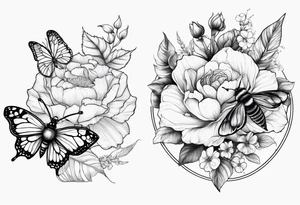 May, September, and November birth flower 2 time pieces with a bee and butterfly sleeve tattoo idea