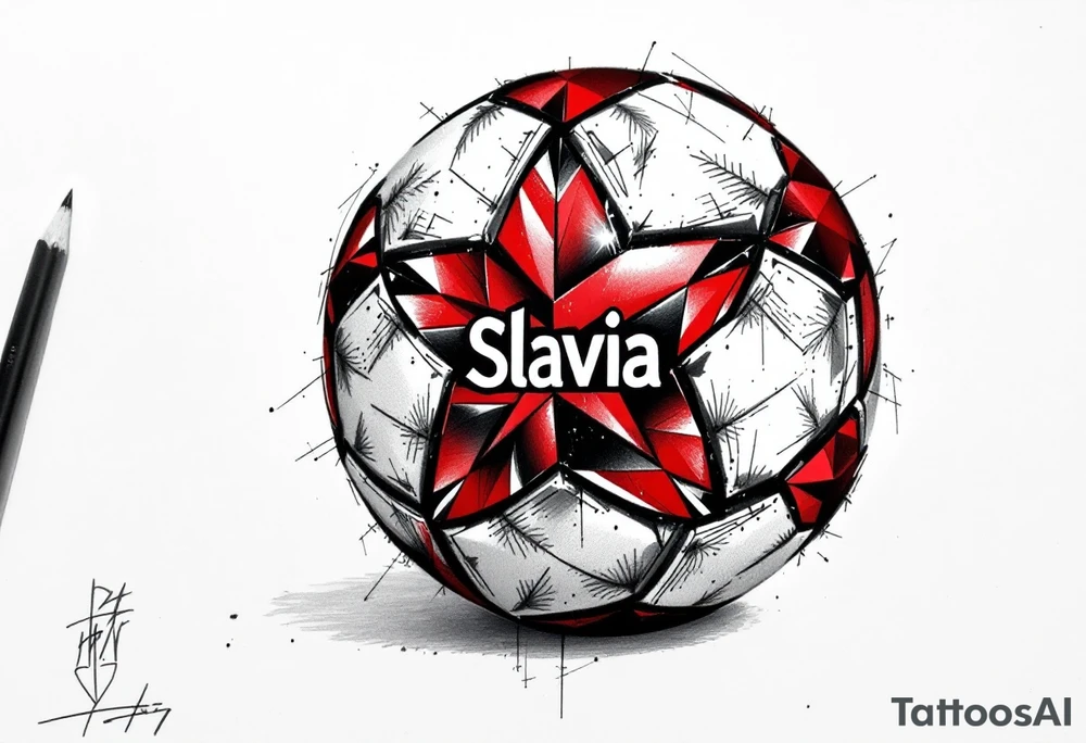 ball composed of red geometric panels forming a star pattern, with sign "Slavia" on it. tattoo idea