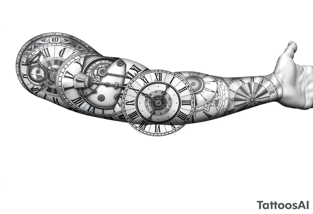 vintage roman numerals within ornate clockwork mechanism sleeve tattoo idea