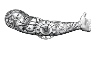 vintage roman numerals within ornate clockwork mechanism sleeve tattoo idea