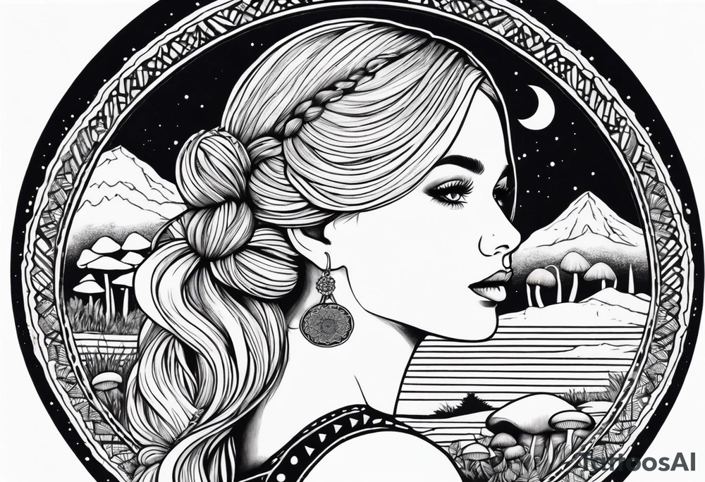 Straight blonde hair girl facing away toward mountains surrounded by mushrooms crescent moon mandala circular design black and white striped dress "8" braided into hair tattoo idea